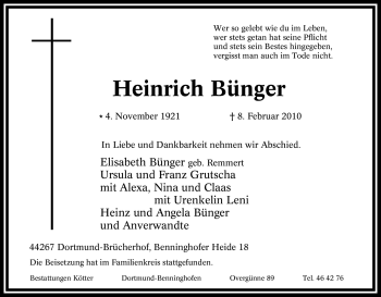 Traueranzeige von Heinrich Bünger von Tageszeitung