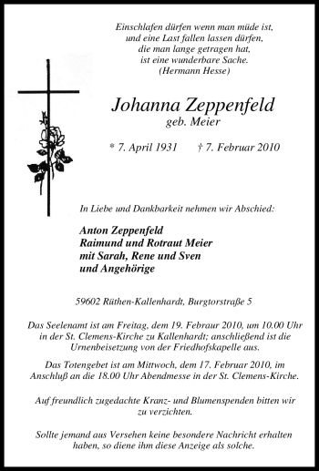 Traueranzeige von Johanna Zeppenfeld von Tageszeitung