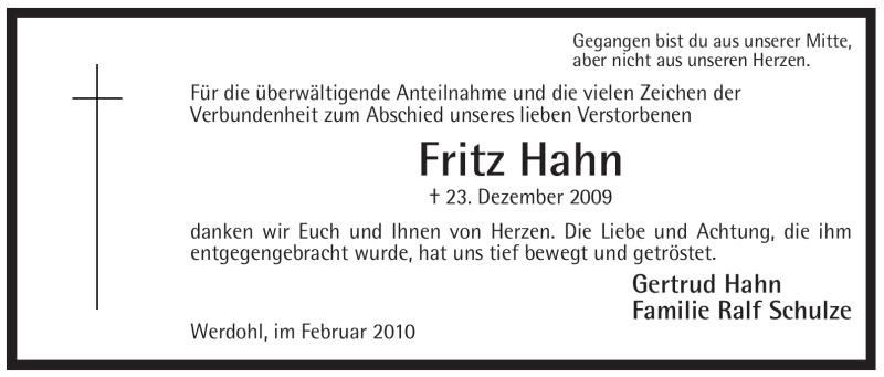  Traueranzeige für Fritz Hahn vom 03.02.2010 aus Tageszeitung
