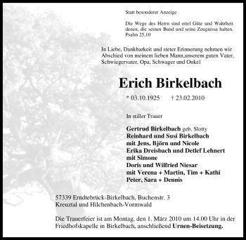 Traueranzeige von Erich Birkelbach von Tageszeitung