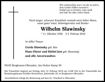 Traueranzeige von Wilhelm Slawinsky von Tageszeitung