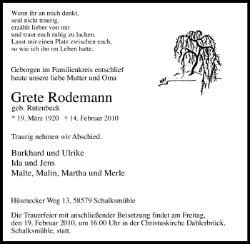 Traueranzeige von Grete Rodemann von Tageszeitung