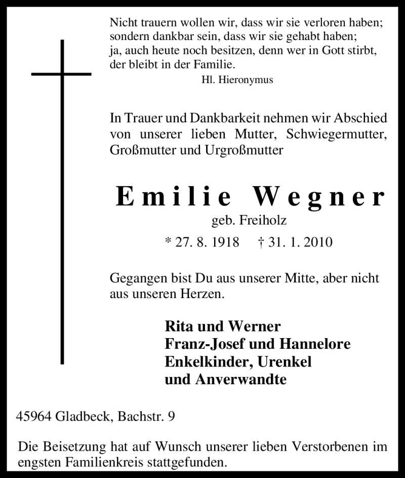 Traueranzeigen von Emilie Wegner | Trauer-in-NRW.de