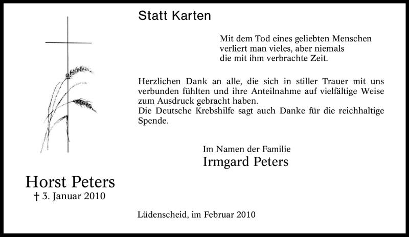  Traueranzeige für Horst Peters vom 17.02.2010 aus Tageszeitung