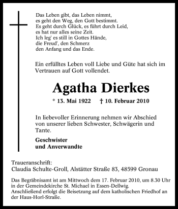 Traueranzeige von Agatha Dierkes von Tageszeitung