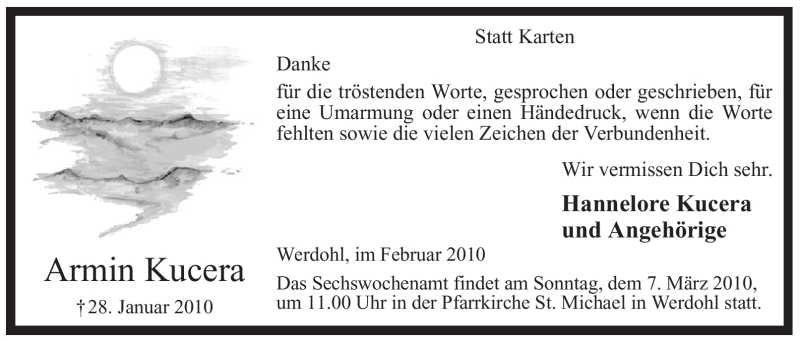  Traueranzeige für Armin Kucera vom 27.02.2010 aus Tageszeitung