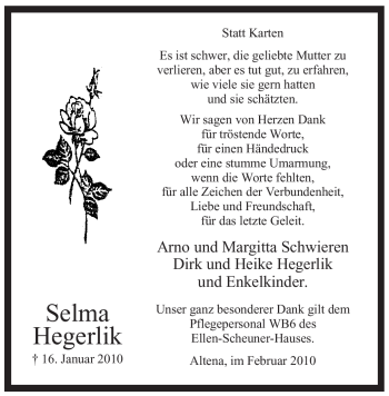 Traueranzeige von Selma Hegerlik von Tageszeitung