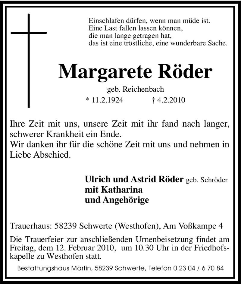  Traueranzeige für Margarete Röder vom 06.02.2010 aus Tageszeitung