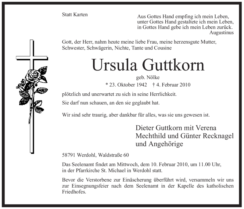  Traueranzeige für Ursula Guttkorn vom 06.02.2010 aus Tageszeitung