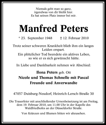 Traueranzeige von Manfred Peters von Tageszeitung