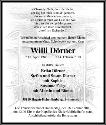 Traueranzeige von Willi Dörner von Tageszeitung