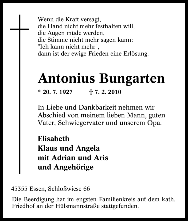 Traueranzeige für Antonius Bungarten vom 18.02.2010 aus Tageszeitung