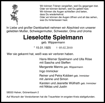 Traueranzeige von Lieselotte Spielmann von Tageszeitung