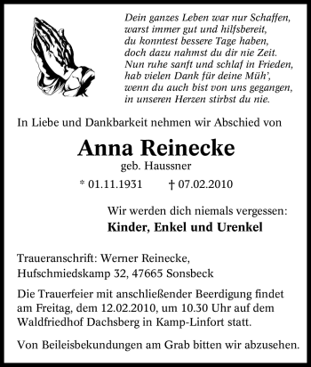 Traueranzeige von Anna Reinecke von Tageszeitung