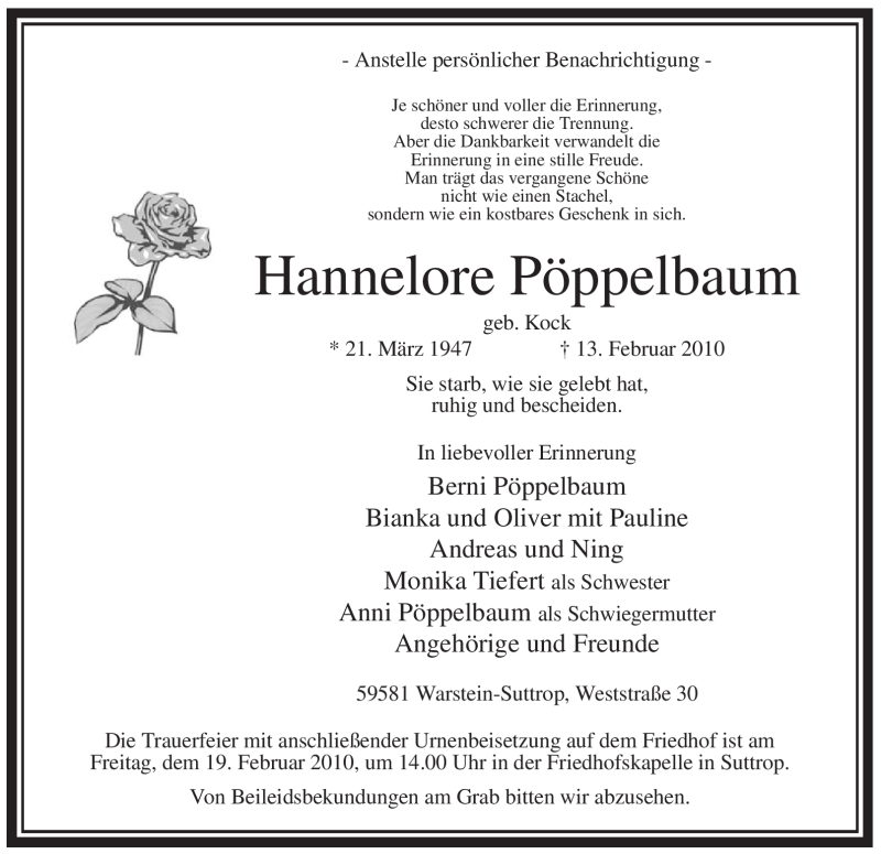  Traueranzeige für Hannelore Pöppelbaum vom 16.02.2010 aus Tageszeitung