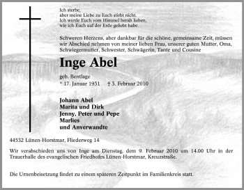 Traueranzeige von Inge Abel von Tageszeitung