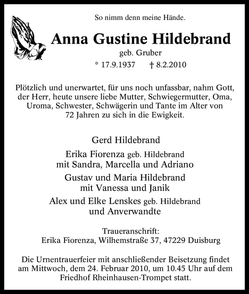  Traueranzeige für Anna Gustine Hildebrand vom 20.02.2010 aus Tageszeitung