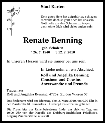 Traueranzeige von Renate Benning von Tageszeitung