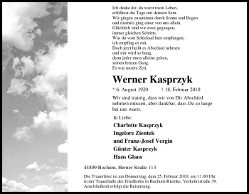 Traueranzeige von Werner Kasprzyk von Tageszeitung