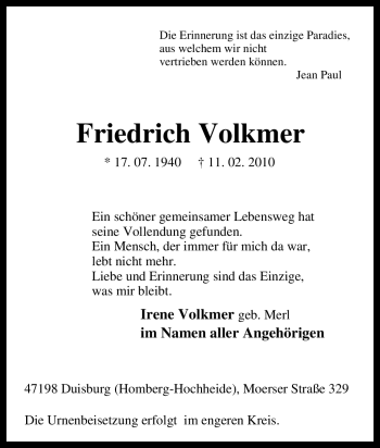 Traueranzeige von Friedrich Volkmer von Tageszeitung