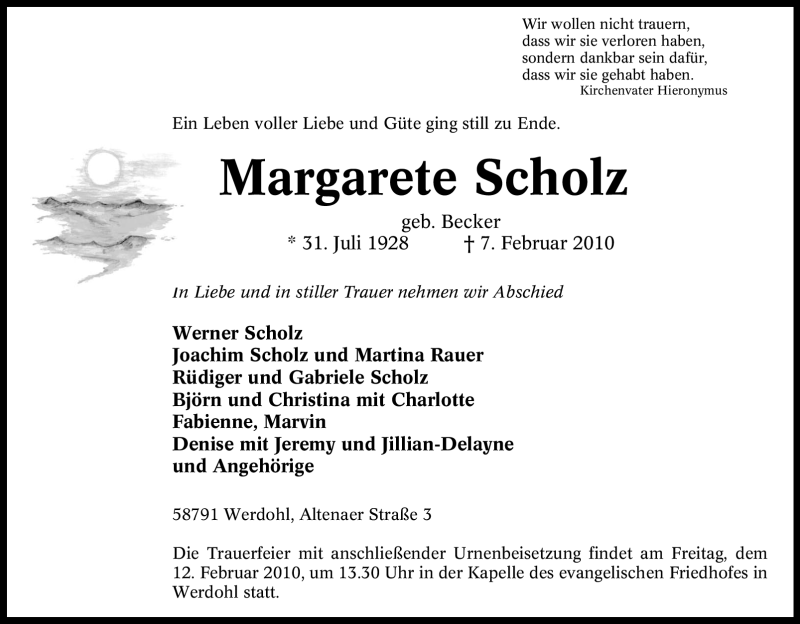  Traueranzeige für Margarete Scholz vom 10.02.2010 aus Tageszeitung