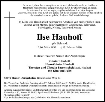 Traueranzeige von Ilse Hauhoff von Tageszeitung