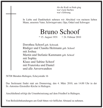 Traueranzeige von Bruno Schoof von Tageszeitung