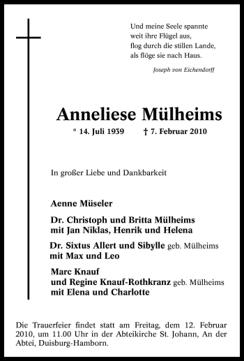 Traueranzeige von Anneliese Mülheims von Tageszeitung