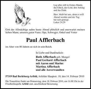 Traueranzeige von Paul Afflerbach von Tageszeitung