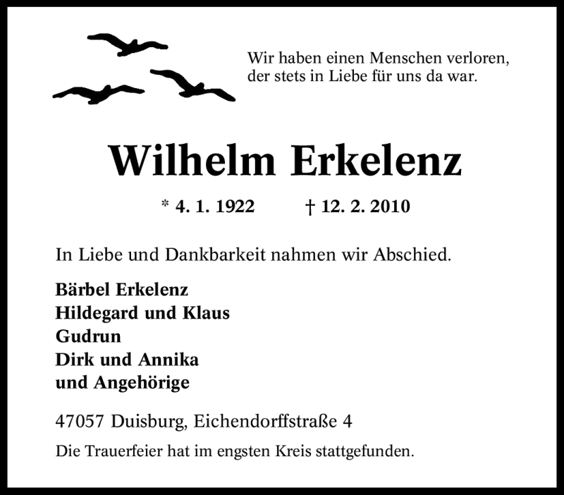  Traueranzeige für Wilhelm Erkelenz vom 23.02.2010 aus Tageszeitung