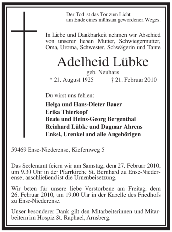 Traueranzeige von Adelheid Lübke von Tageszeitung