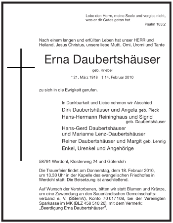 Traueranzeige von Erna Daubertshäuser von Tageszeitung