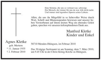 Traueranzeige von Agnes Kletke von Tageszeitung
