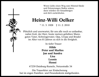 Traueranzeige von Heinz-Willi Oelker von Tageszeitung