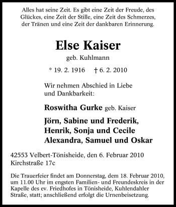 Traueranzeige von Else Kaiser von Tageszeitung