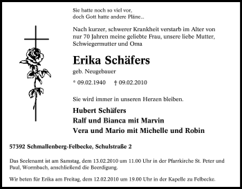 Traueranzeige von Erika Schäfers von Tageszeitung