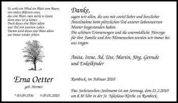 Traueranzeige von Erna Oetter von Tageszeitung
