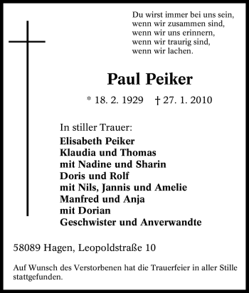 Traueranzeige von Paul Peiker von Tageszeitung