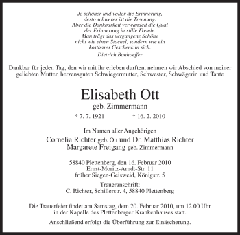 Traueranzeige von Elisabeth Ott von Tageszeitung