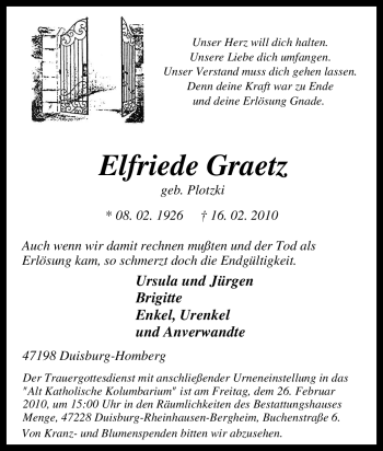 Traueranzeige von Elfriede Graetz von Tageszeitung