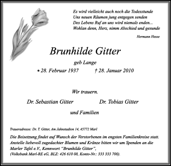 Traueranzeige von Brunhilde Gitter von Tageszeitung