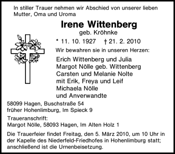 Traueranzeige von Irene Wittenberg von Tageszeitung
