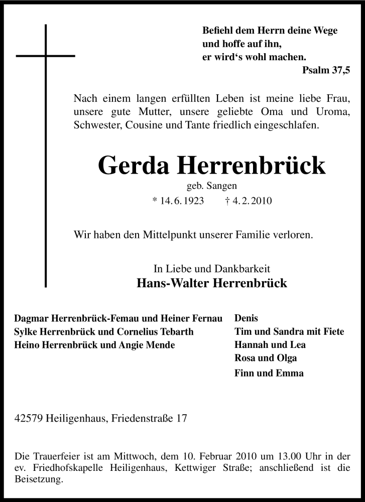  Traueranzeige für Gerda Herrenbrück vom 06.02.2010 aus Tageszeitung
