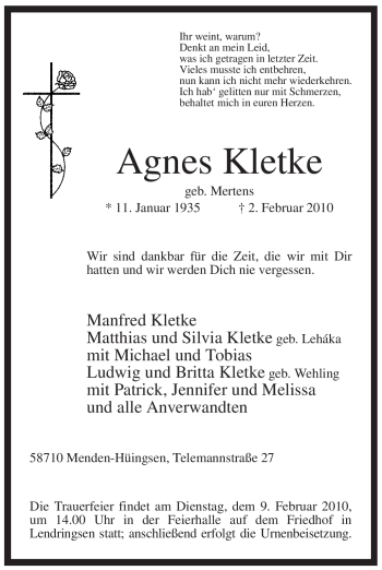 Traueranzeige von Agnes Kletke von Tageszeitung