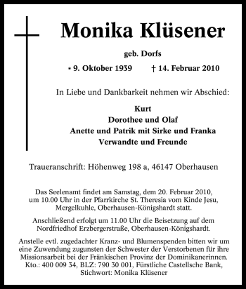 Traueranzeige von Monika Klüsener von Tageszeitung
