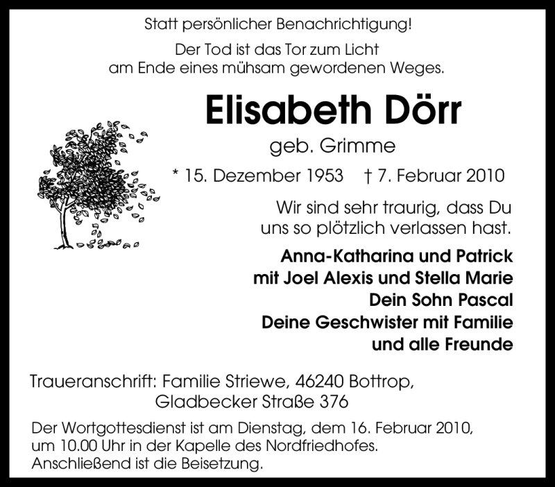  Traueranzeige für Elisabeth Dörr vom 11.02.2010 aus Tageszeitung