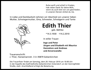 Traueranzeige von Edith Thier von Tageszeitung
