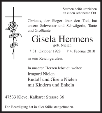 Traueranzeige von Gisela Hermens von Tageszeitung