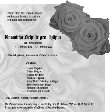 Traueranzeige von Roswitha Schulte von Tageszeitung