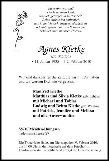 Traueranzeige von Agnes Kletke von Tageszeitung